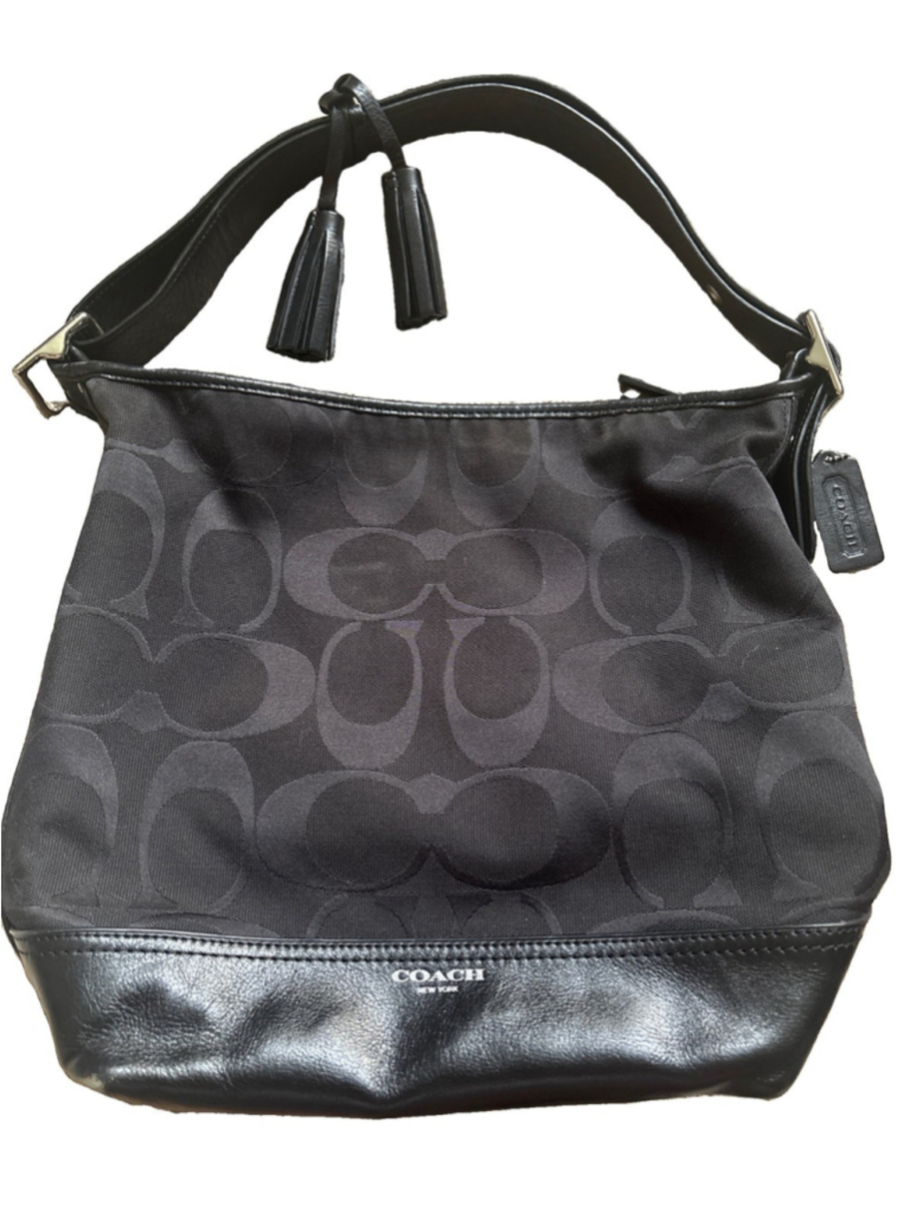 Coach Black Monogram Canvas & Leather Shoulder Tote Bag Purse Silver COA EUC